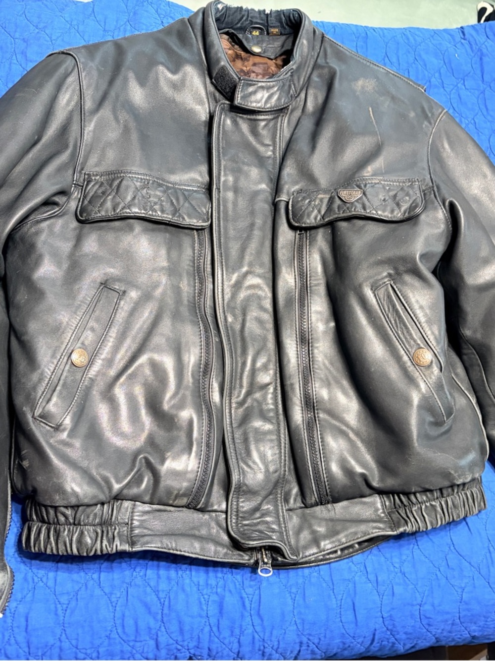 Men's Black Leather Bomber Jacket with Quilted Flap Pockets